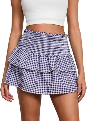 Womens Gingham Mini Skirt Men Sissy Plaid Pleated Lace A Line Ruffle Tiered Short Skirts Halloween Costume Cosplay