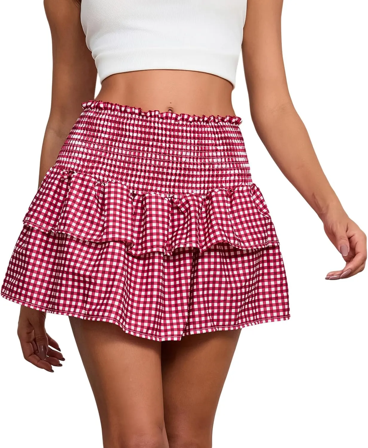 Womens Gingham Mini Skirt Men Sissy Plaid Pleated Lace A Line Ruffle Tiered Short Skirts Halloween Costume Cosplay