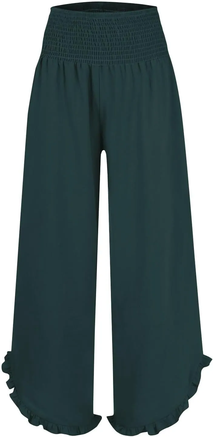 Womens Linen Pants Smocked Elastic Waist Wide Leg Pants Trendy Ruffle Hem Beach Pants Summer Lounge Pants with Pockets