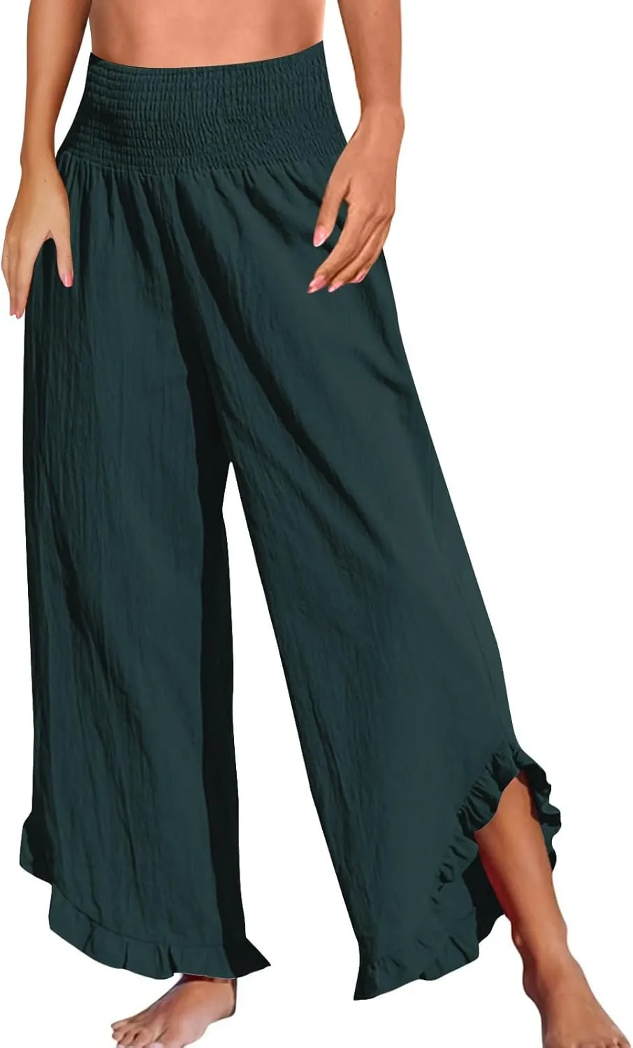 Womens Linen Pants Smocked Elastic Waist Wide Leg Pants Trendy Ruffle Hem Beach Pants Summer Lounge Pants with Pockets