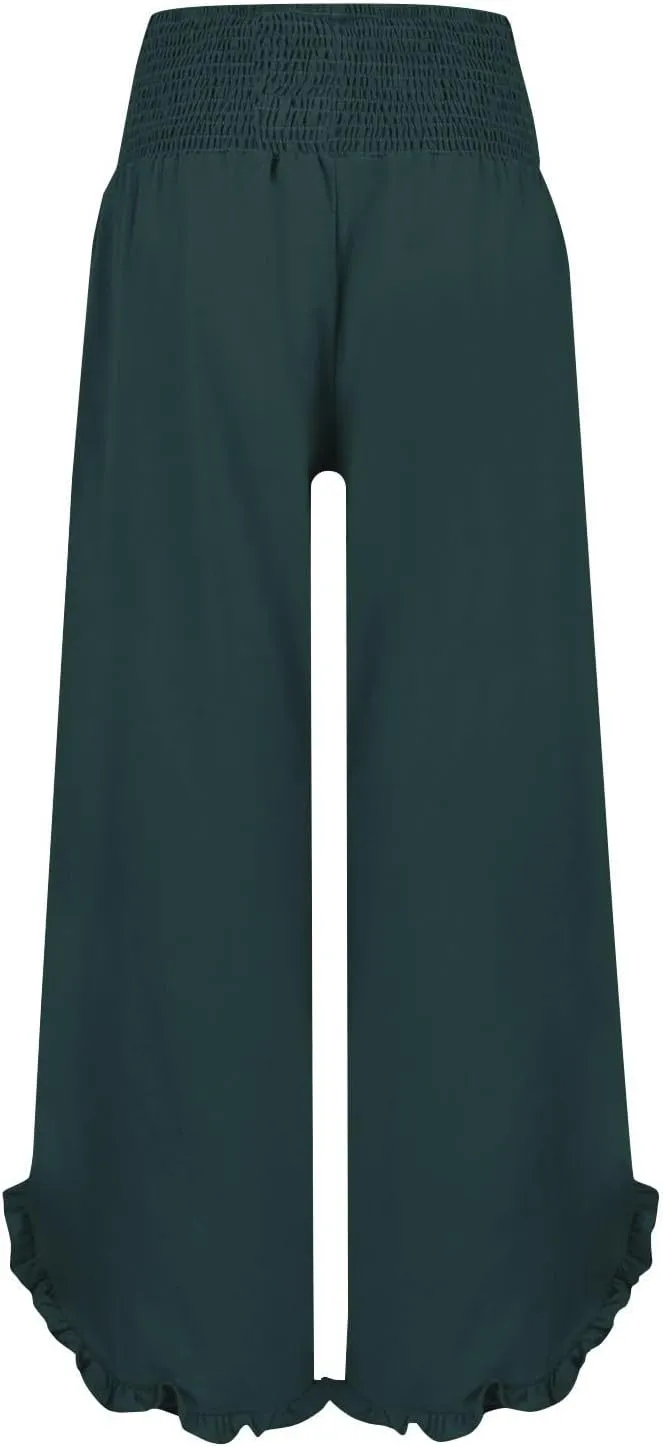 Womens Linen Pants Smocked Elastic Waist Wide Leg Pants Trendy Ruffle Hem Beach Pants Summer Lounge Pants with Pockets