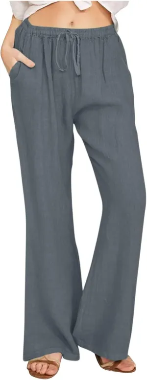 Womens Linen Pants Summer Boho Drawstring Elastic High Waist Loose Wide Leg Trousers with Pockets