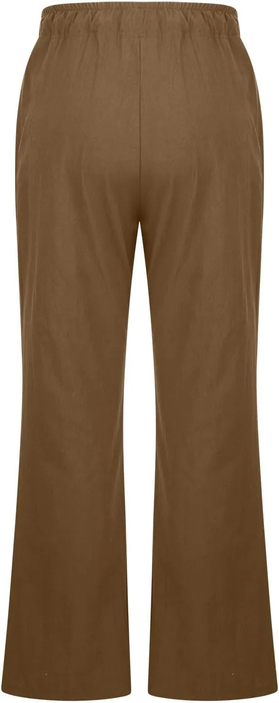 Womens Linen Pants Summer Boho Drawstring Elastic High Waist Loose Wide Leg Trousers with Pockets