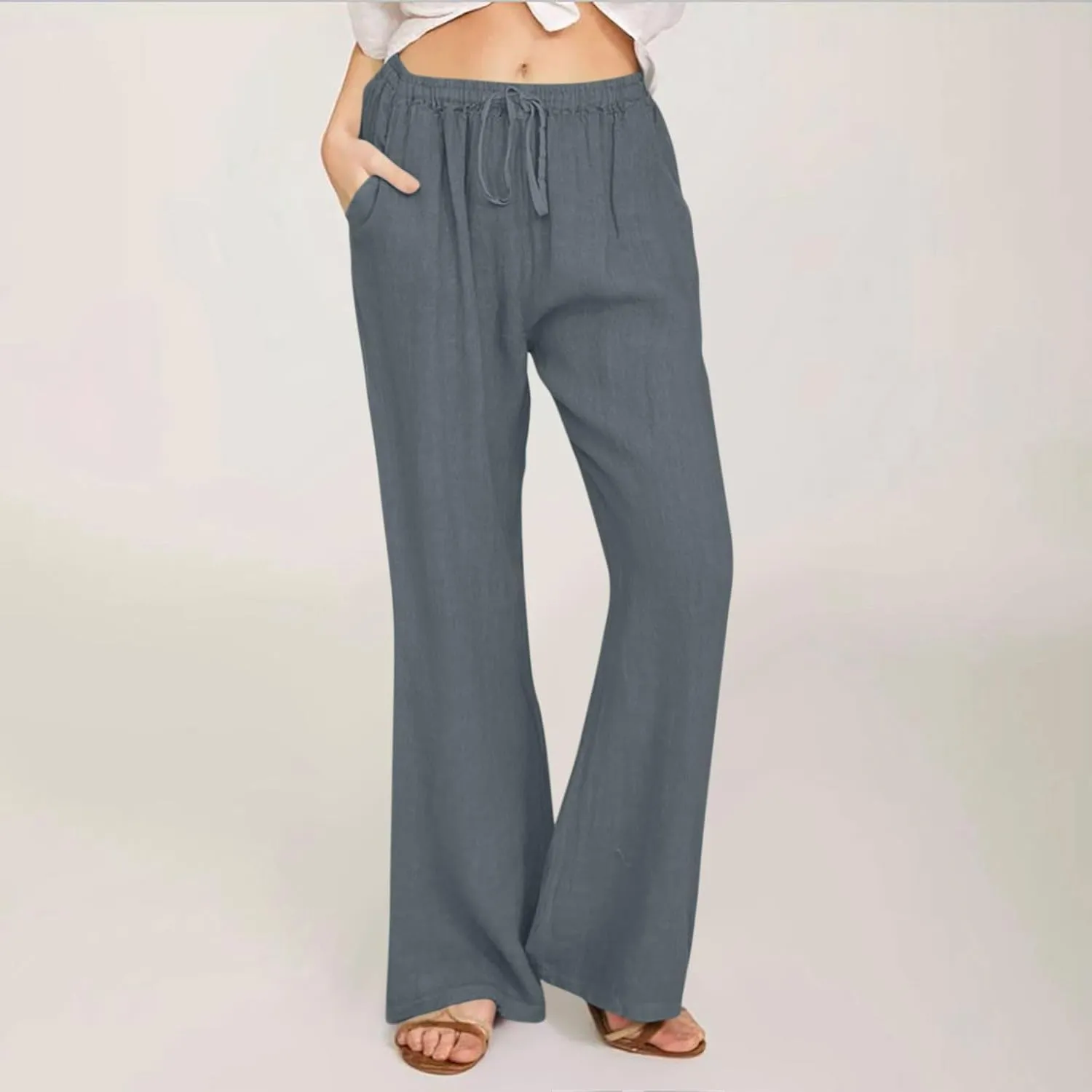 Womens Linen Pants Summer Boho Drawstring Elastic High Waist Loose Wide Leg Trousers with Pockets