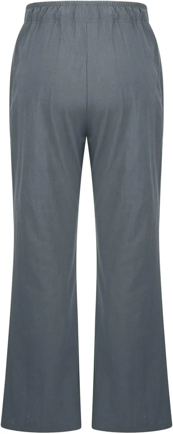 Womens Linen Pants Summer Boho Drawstring Elastic High Waist Loose Wide Leg Trousers with Pockets