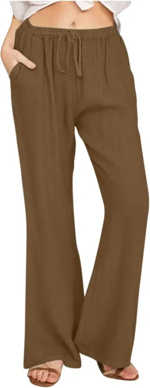 Womens Linen Pants Summer Boho Drawstring Elastic High Waist Loose Wide Leg Trousers with Pockets