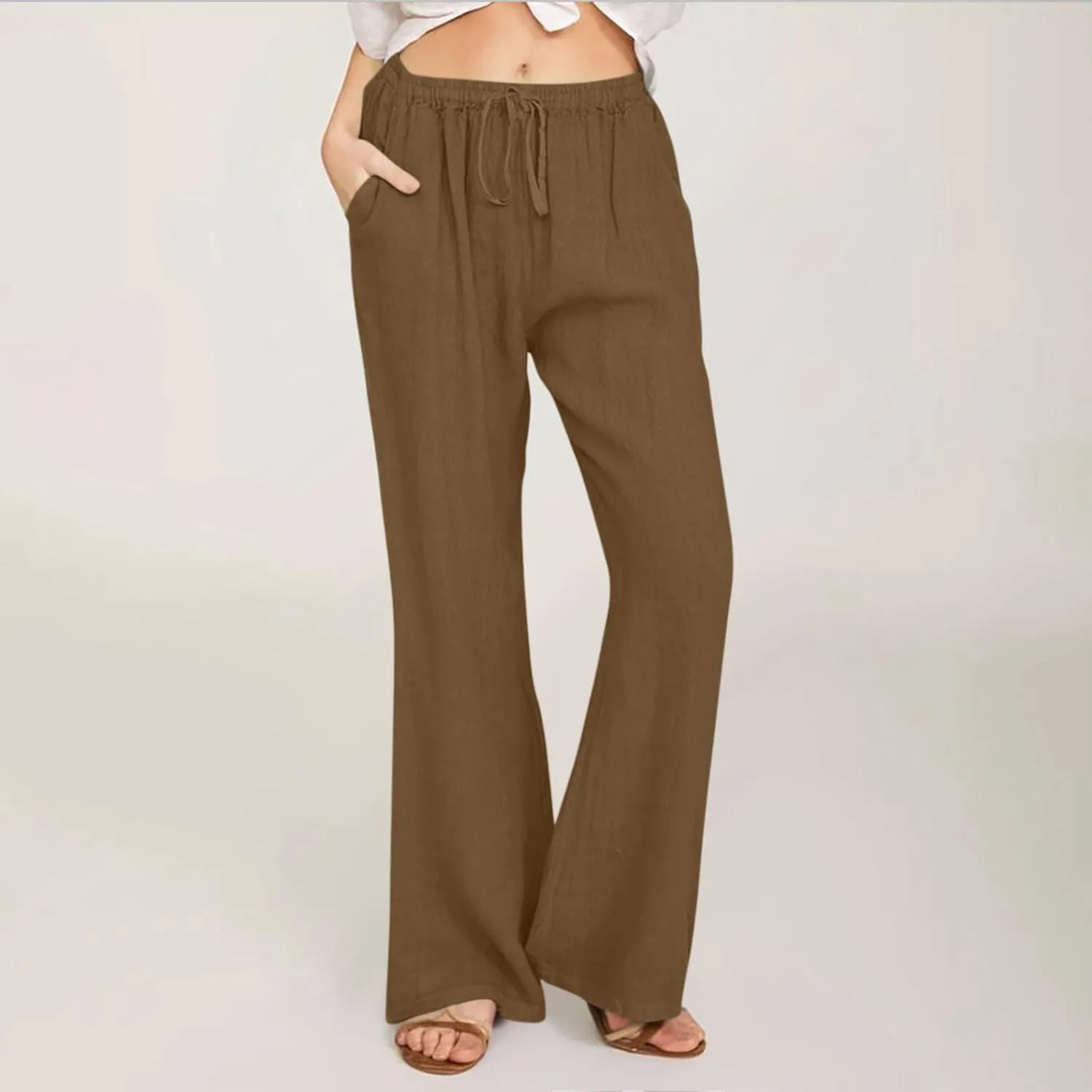 Womens Linen Pants Summer Boho Drawstring Elastic High Waist Loose Wide Leg Trousers with Pockets