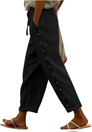 Women's Linen Pants with Side Buttons Summer Casual Lightweight Elastic Hight Waist Drawstring Loose Trousers