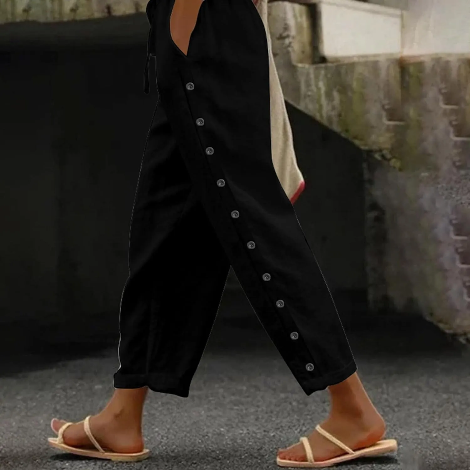 Women's Linen Pants with Side Buttons Summer Casual Lightweight Elastic Hight Waist Drawstring Loose Trousers