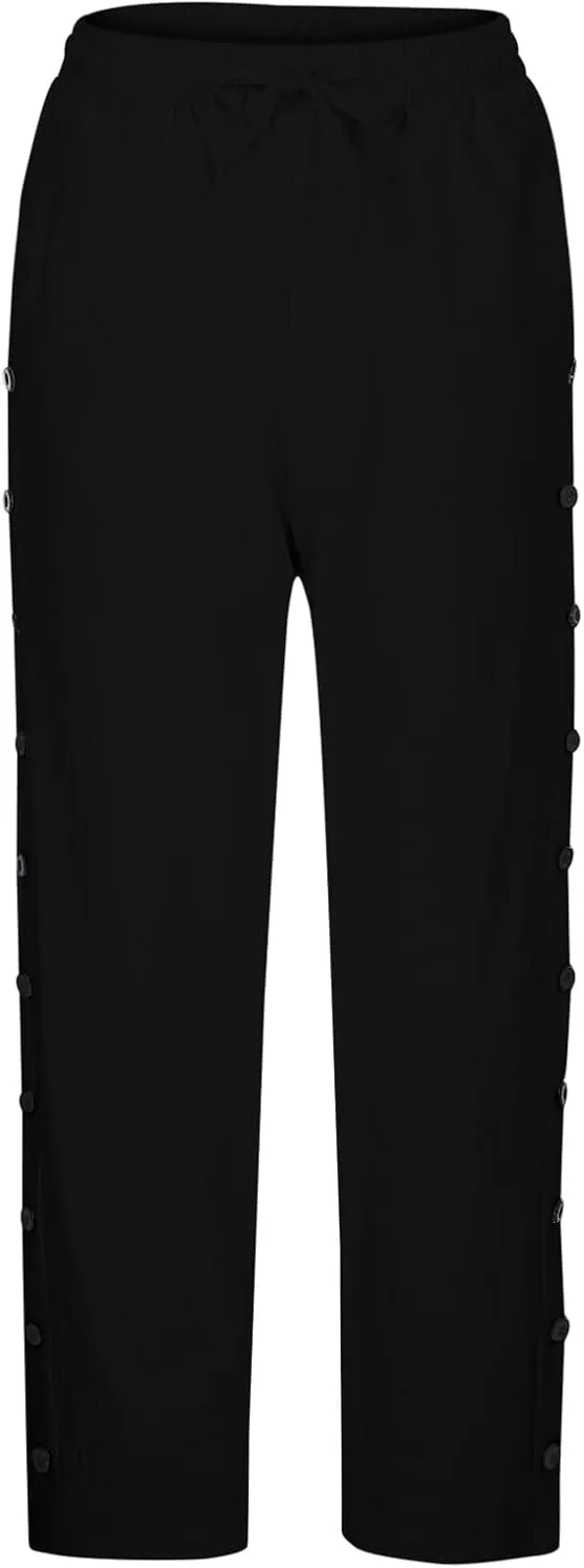 Women's Linen Pants with Side Buttons Summer Casual Lightweight Elastic Hight Waist Drawstring Loose Trousers