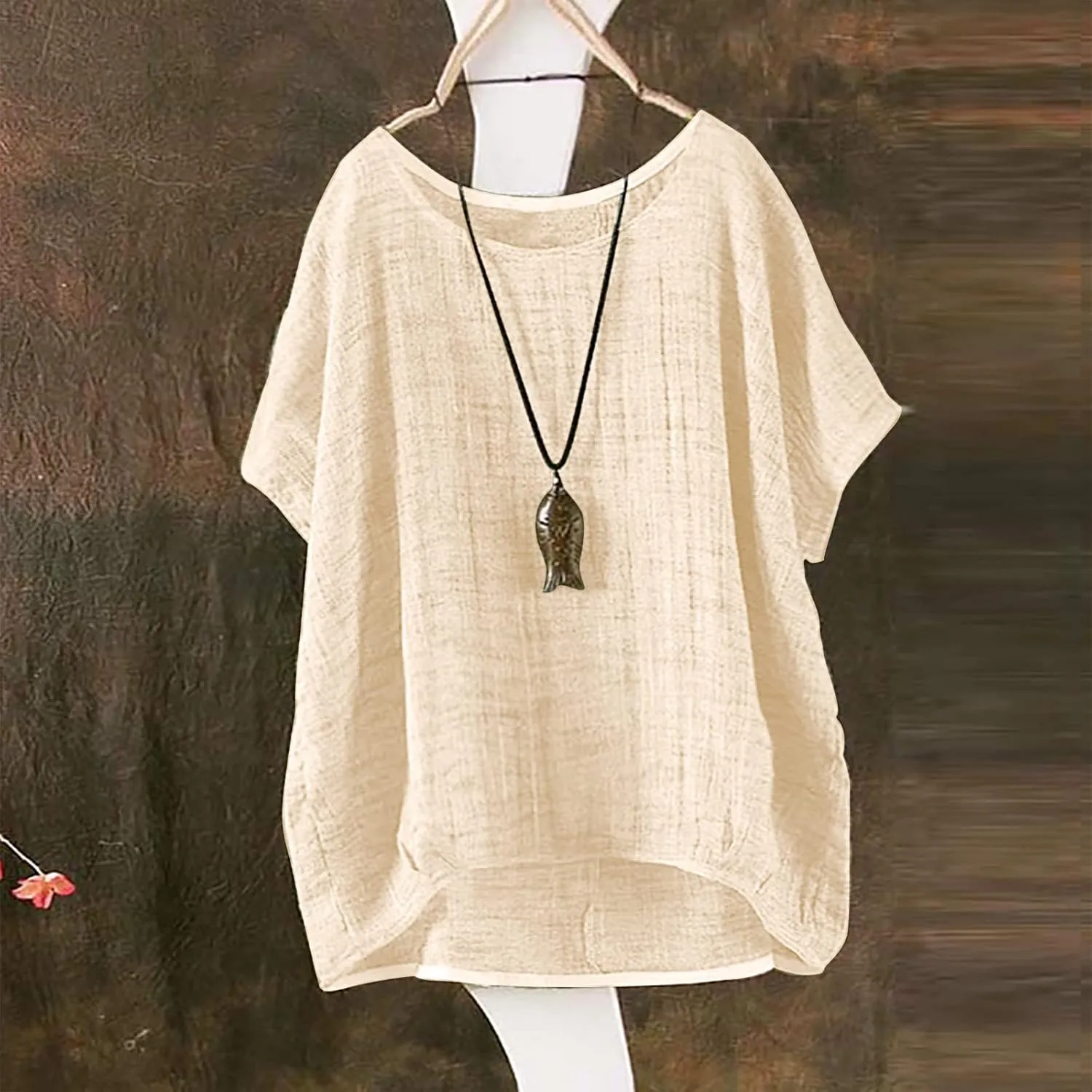 Womens Linen Shirts V Neck Button Down Blouses Collar Oversized Tops Short Sleeve Loose Fit T-Shirt