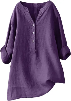 Women's Linen Shirts V Neck Buttons Blouses Floral Oversized Tee Top Short Sleeve Loose Fit Shirt