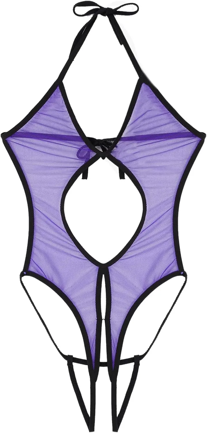 Womens Lingerie Set Mini Babydoll Deep V Neck Long Sleeve Sheer Mini Dress Nightwear Underwear