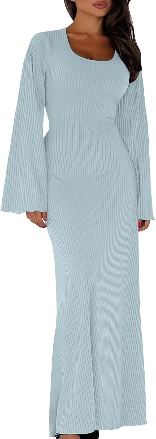 Womens Long Bell Sleeve Formal Evening Wedding Maxi Dress Knitted U Neck Solid Color Ribbed Bodycon Long Dresses