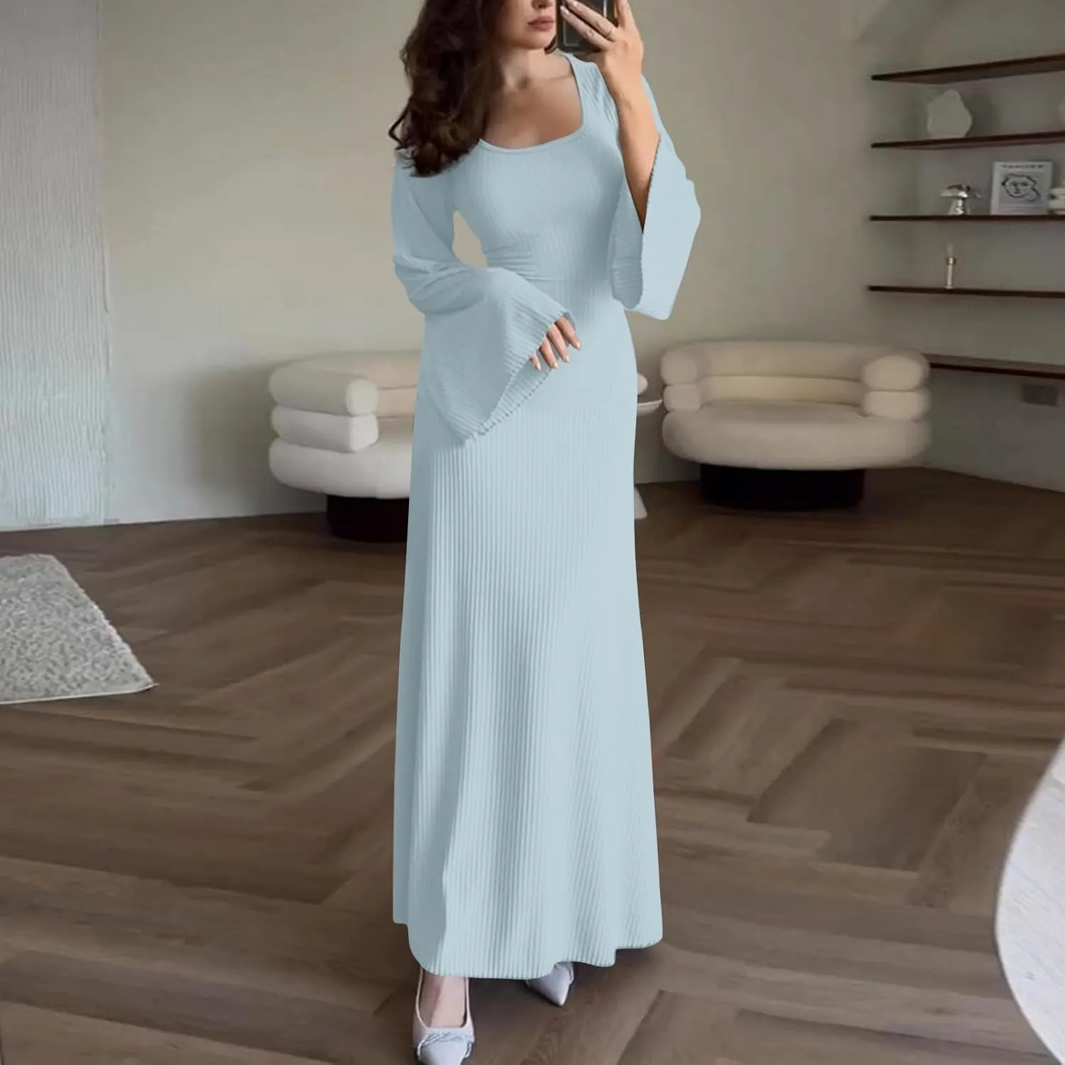 Womens Long Bell Sleeve Formal Evening Wedding Maxi Dress Knitted U Neck Solid Color Ribbed Bodycon Long Dresses