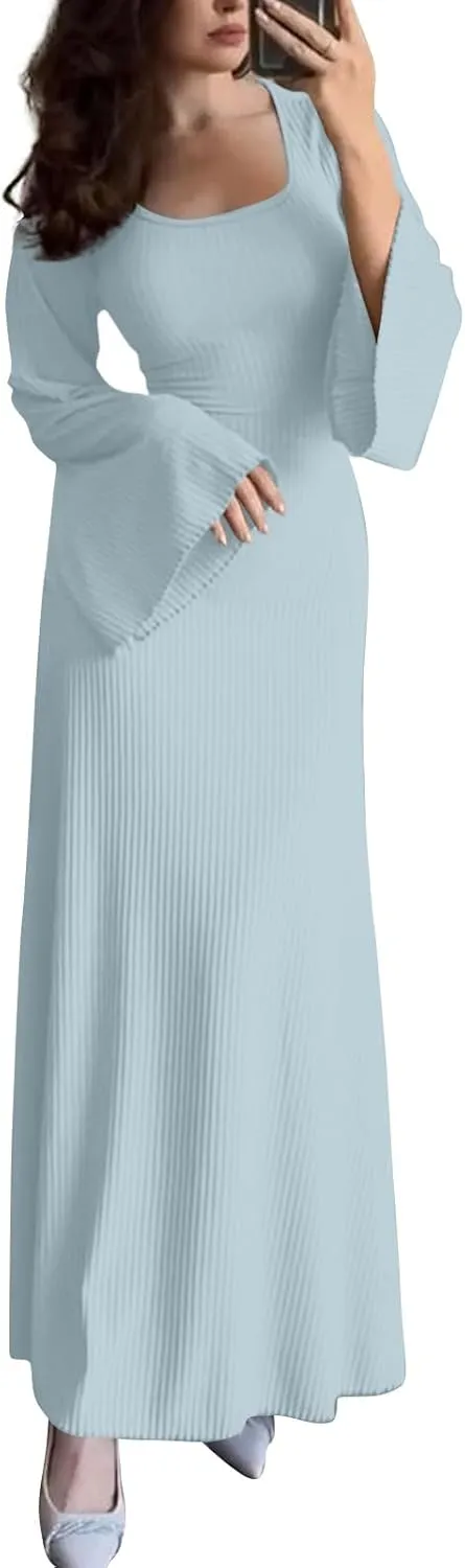 Womens Long Bell Sleeve Formal Evening Wedding Maxi Dress Knitted U Neck Solid Color Ribbed Bodycon Long Dresses