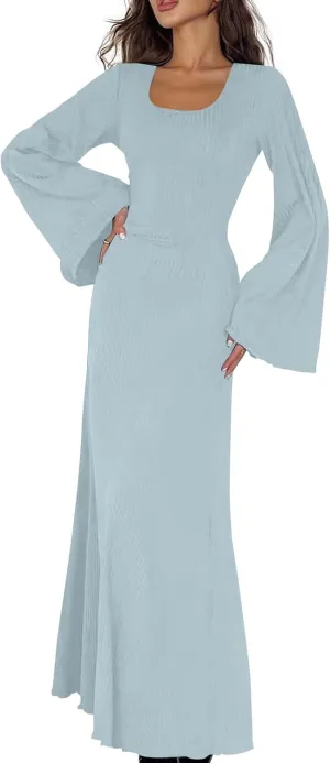 Womens Long Bell Sleeve Formal Evening Wedding Maxi Dress Knitted U Neck Solid Color Ribbed Bodycon Long Dresses