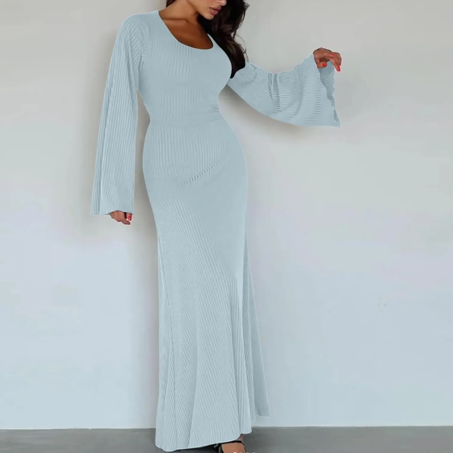 Womens Long Bell Sleeve Formal Evening Wedding Maxi Dress Knitted U Neck Solid Color Ribbed Bodycon Long Dresses