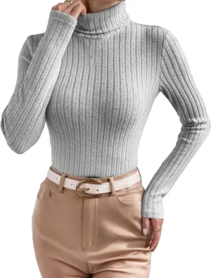 Womens Long Sleeve Turtleneck Tops Ribbed Thermal Underwear Shirt Slim Fit Fall Pullover Sweater