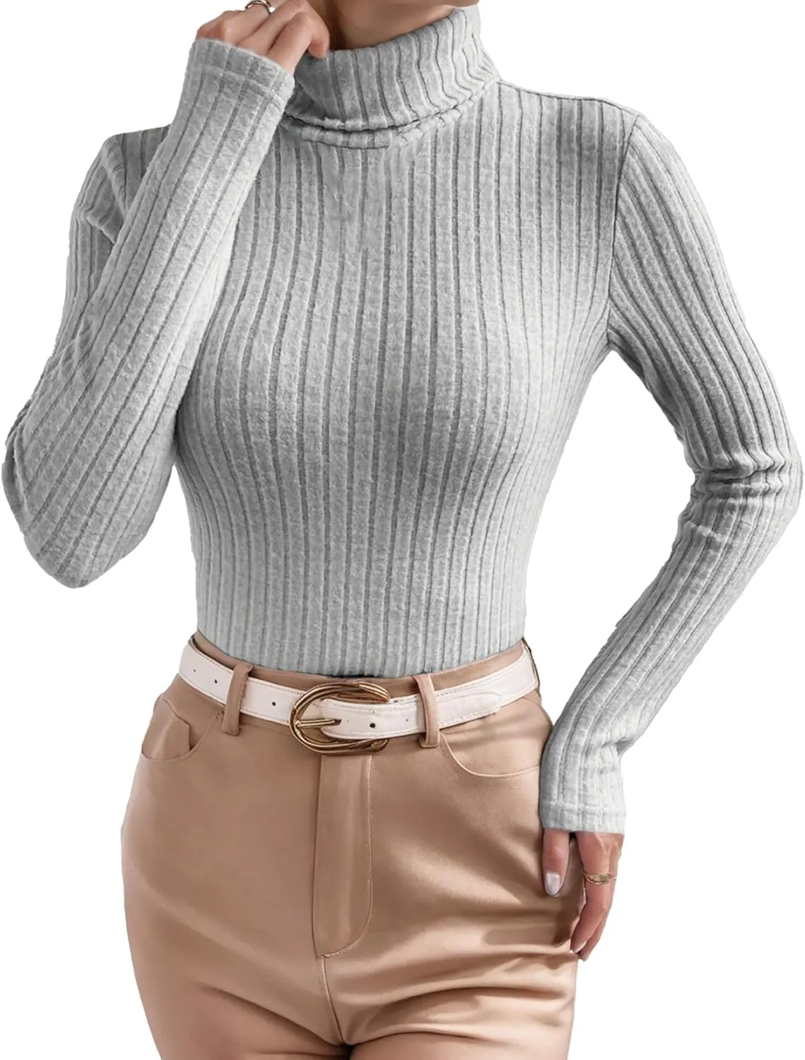Womens Long Sleeve Turtleneck Tops Ribbed Thermal Underwear Shirt Slim Fit Fall Pullover Sweater