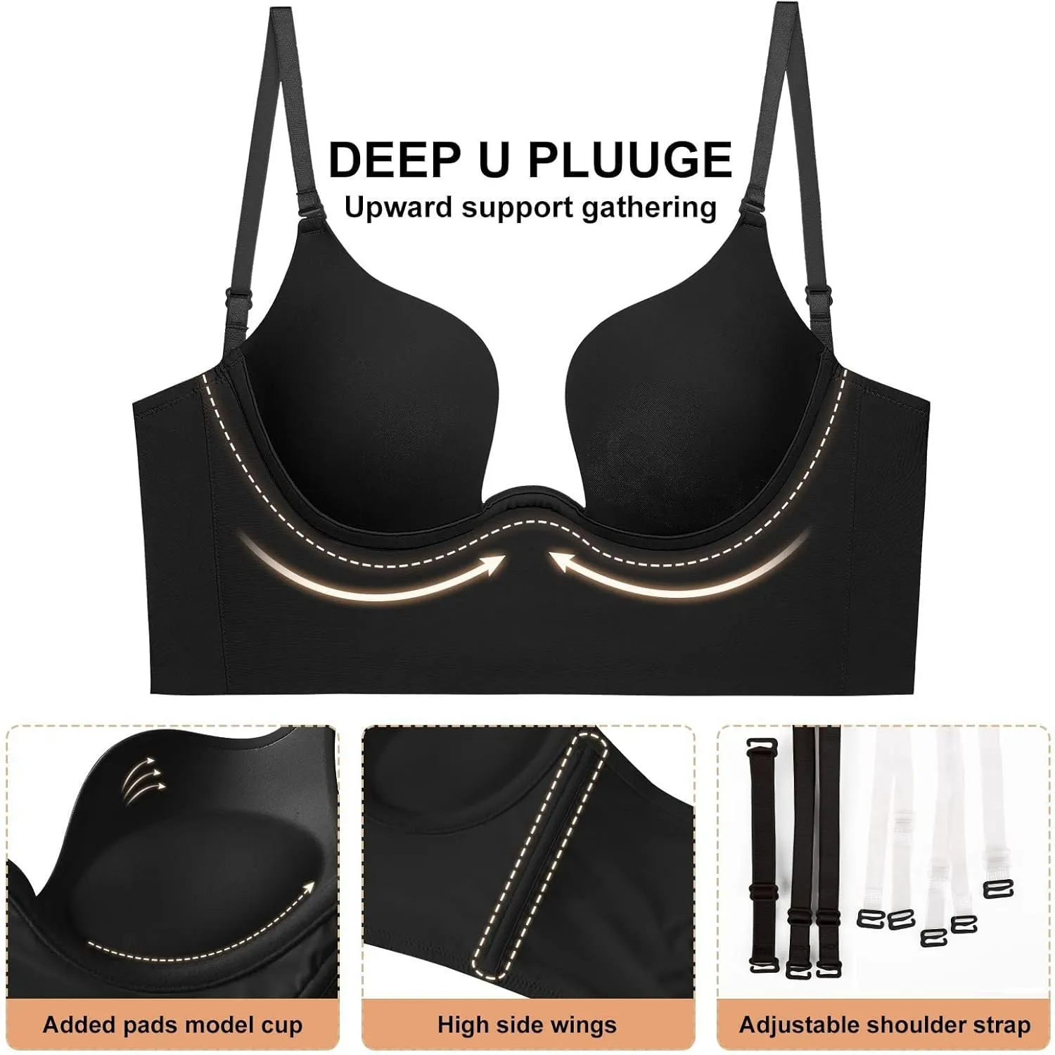 Womens Low Back Bras Deep Plunge Backless Bra Push Up Bra with Clear Straps, Low Cut Convertible Underwire Bra