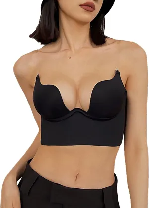 Womens Low Back Bras Deep Plunge Backless Bra Push Up Bra with Clear Straps, Low Cut Convertible Underwire Bra