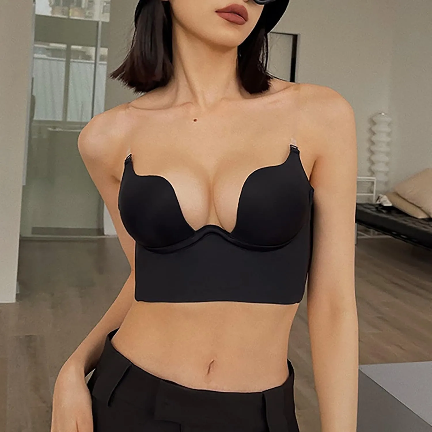 Womens Low Back Bras Deep Plunge Backless Bra Push Up Bra with Clear Straps, Low Cut Convertible Underwire Bra