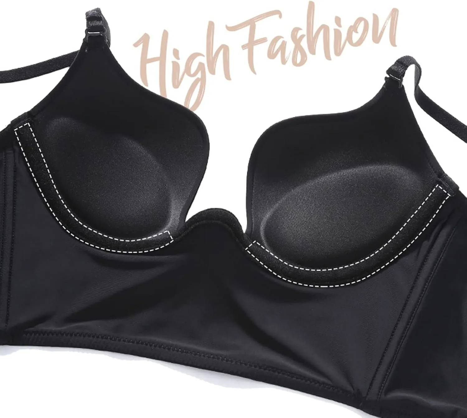 Womens Low Back Bras Deep Plunge Backless Bra Push Up Bra with Clear Straps, Low Cut Convertible Underwire Bra
