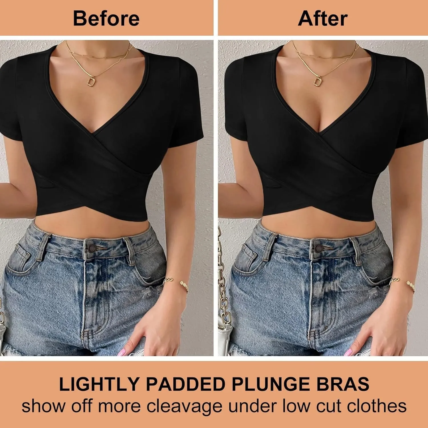 Womens Low Back Bras Deep Plunge Backless Bra Push Up Bra with Clear Straps, Low Cut Convertible Underwire Bra