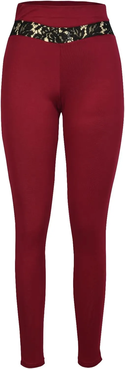 Women's Mesh Panel Side Sheer Lace High Waist Leggings Skinny Workout Yoga Pants with Pockets Athletic Activewear