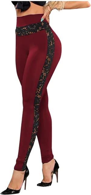 Women's Mesh Panel Side Sheer Lace High Waist Leggings Skinny Workout Yoga Pants with Pockets Athletic Activewear