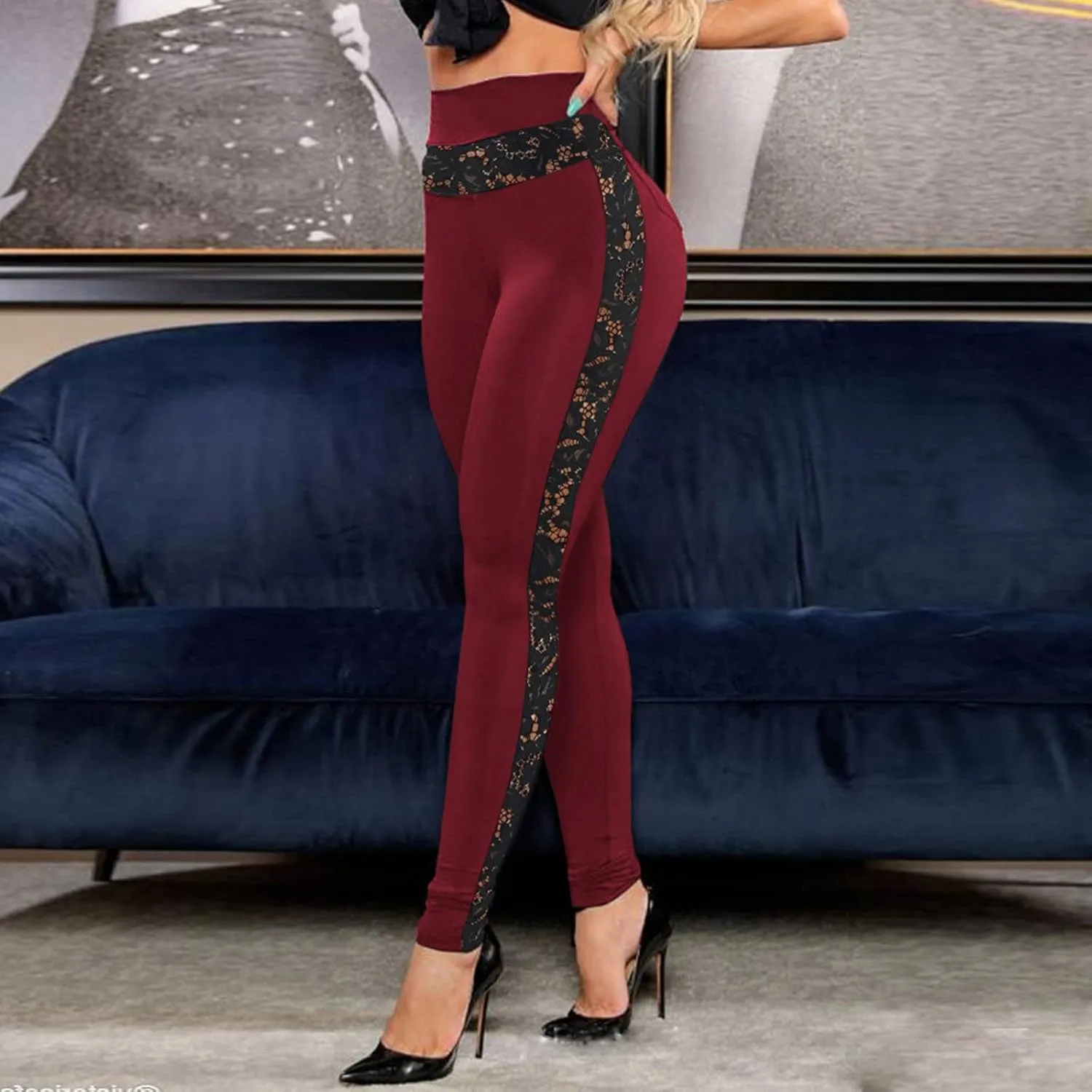 Women's Mesh Panel Side Sheer Lace High Waist Leggings Skinny Workout Yoga Pants with Pockets Athletic Activewear