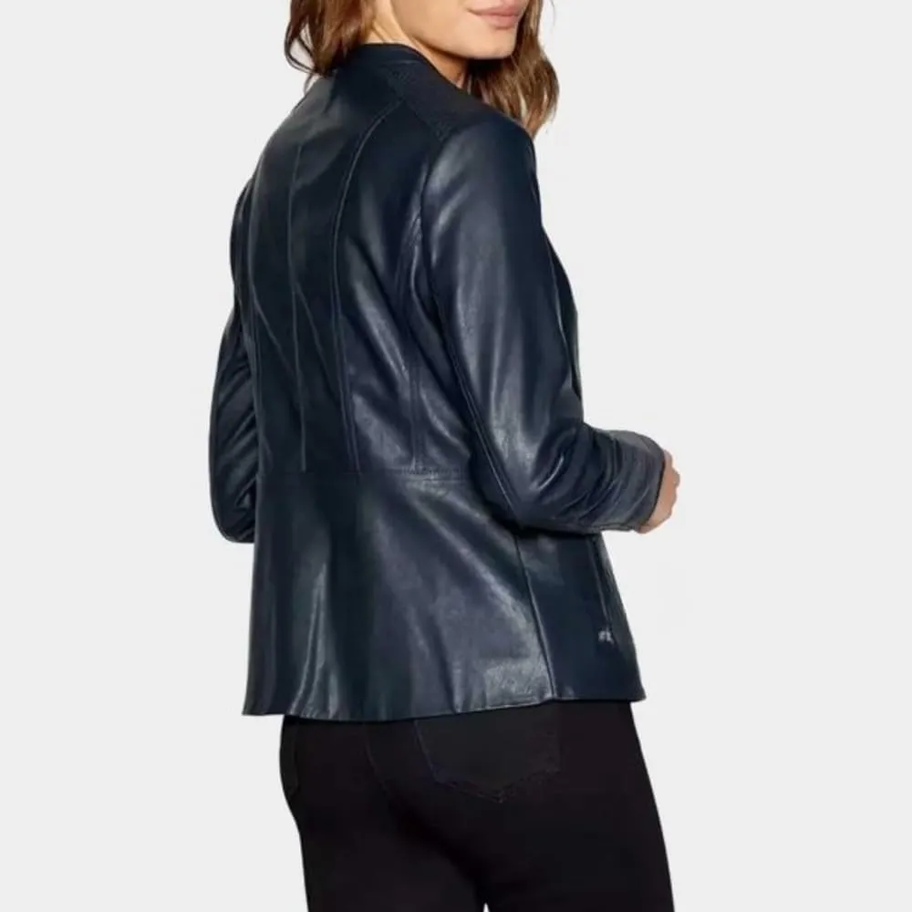Women's Navy Blue Genuine Real Lambskin Leather Biker Motorcycle Moto Slimfit Casual Cafe Racer Jacket