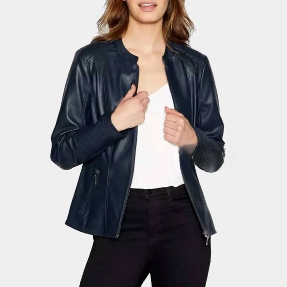 Women's Navy Blue Genuine Real Lambskin Leather Biker Motorcycle Moto Slimfit Casual Cafe Racer Jacket