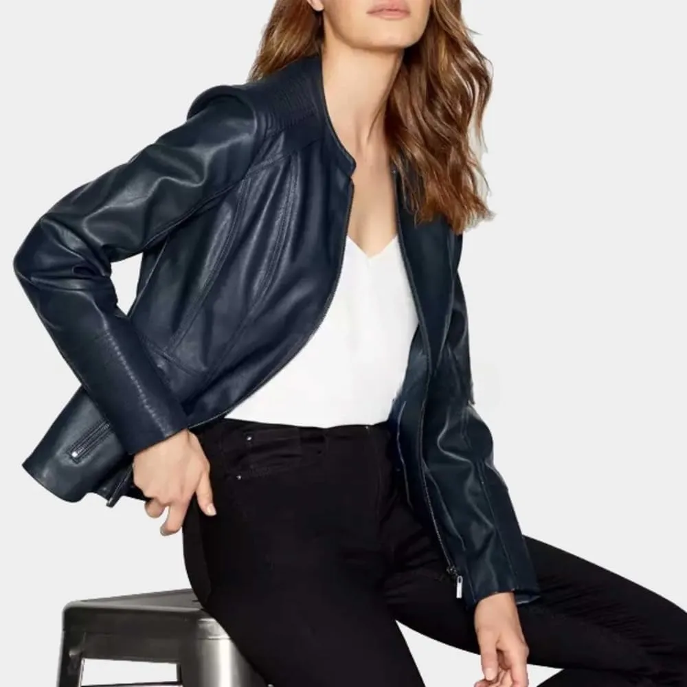 Women's Navy Blue Genuine Real Lambskin Leather Biker Motorcycle Moto Slimfit Casual Cafe Racer Jacket