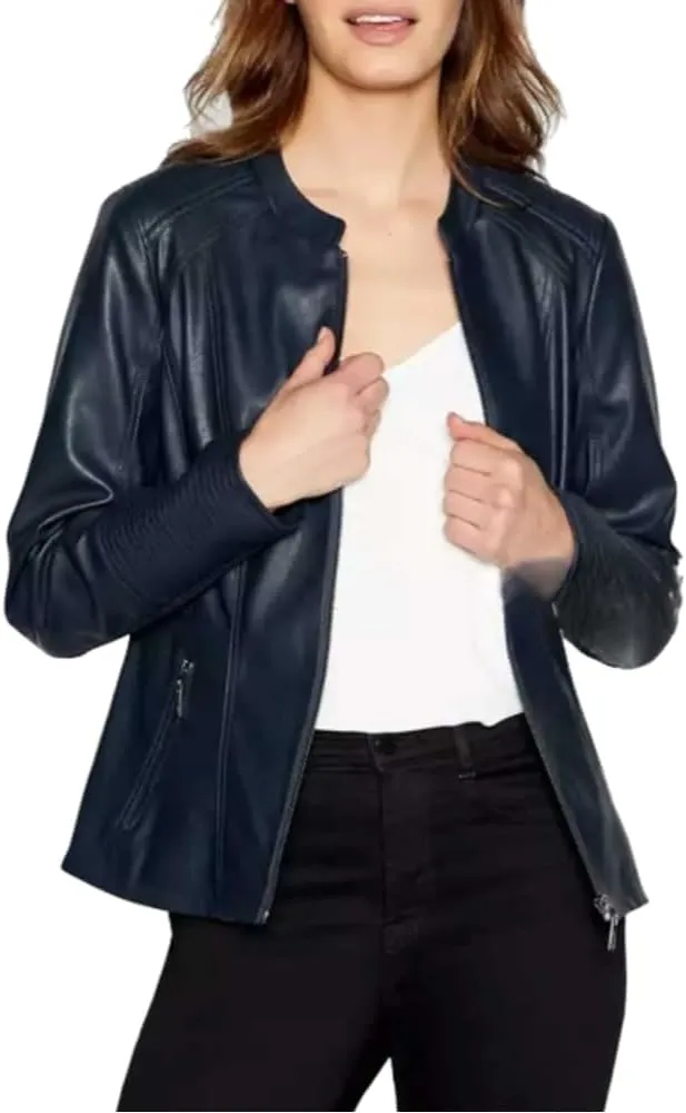Women's Navy Blue Genuine Real Lambskin Leather Biker Motorcycle Moto Slimfit Casual Cafe Racer Jacket