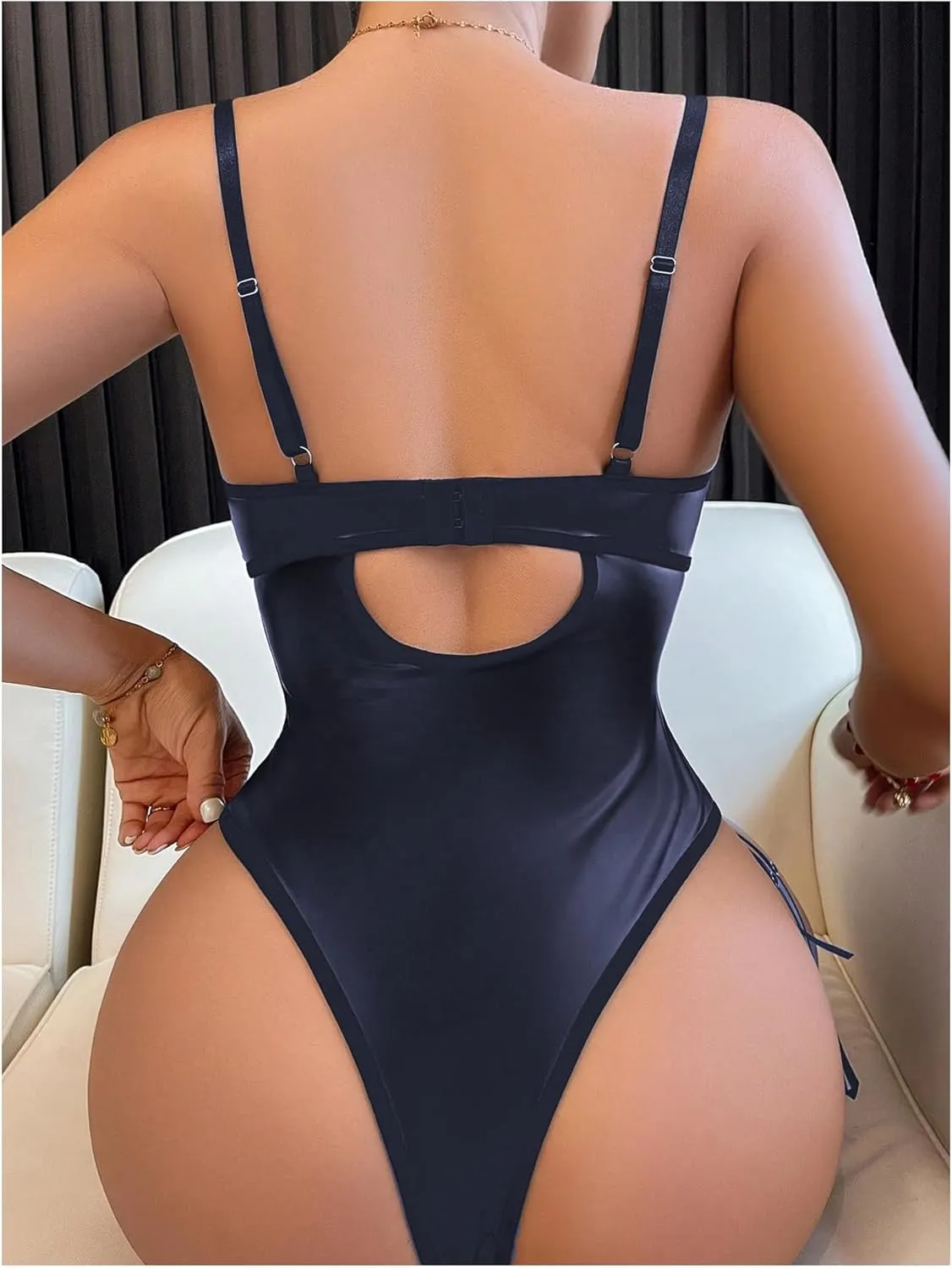Women's PU Lace Up Hollow Out Underwire Corset Lingerie Contrast Lace Sheer Teddy Bodysuit with Garter