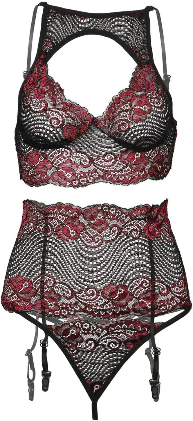 Women's Sheer Embroidery Lace Bralette Strappy Bra and Panty Set with Garter Belt