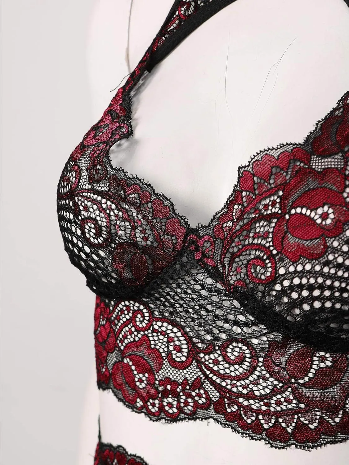 Women's Sheer Embroidery Lace Bralette Strappy Bra and Panty Set with Garter Belt