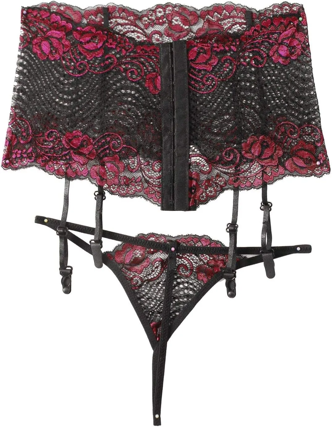 Women's Sheer Embroidery Lace Bralette Strappy Bra and Panty Set with Garter Belt