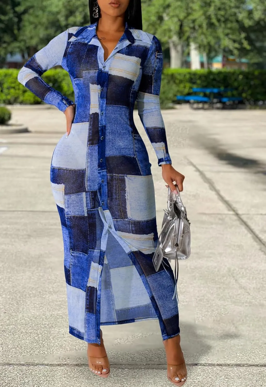 Women's Sheer Mesh Long Sleeve Bodycon Midi Dress Club Night Out Dresses Beach Cover Up Dress