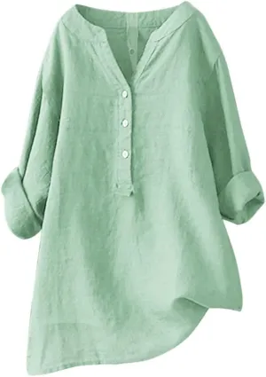 Womens Short Sleeve Cotton Linen Shirt Casual Crewneck Plus Size T-Shirt Plain Solid Loose Fit Summer Tee Top