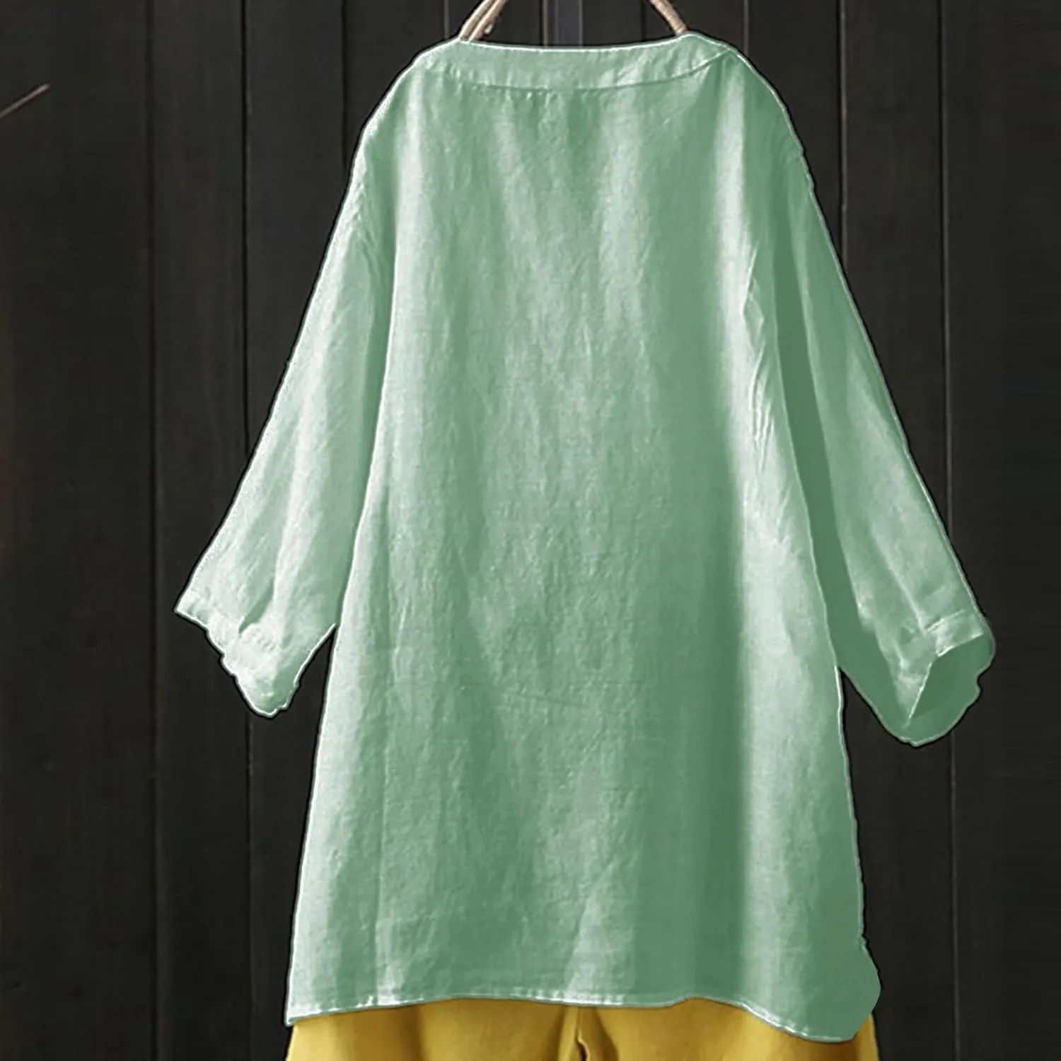 Womens Short Sleeve Cotton Linen Shirt Casual Crewneck Plus Size T-Shirt Plain Solid Loose Fit Summer Tee Top