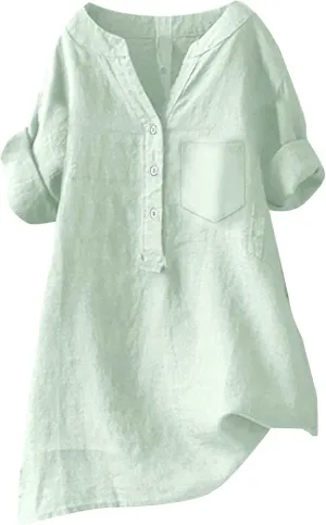 Women's Short Sleeve Linen Shirt Casual Crewneck Dress T Shirt Bohemian Embroidery Loose Summer Tee Shirt
