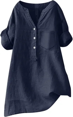 Women's Short Sleeve Linen Shirt Casual Crewneck Dress T Shirt Bohemian Embroidery Loose Summer Tee Shirt