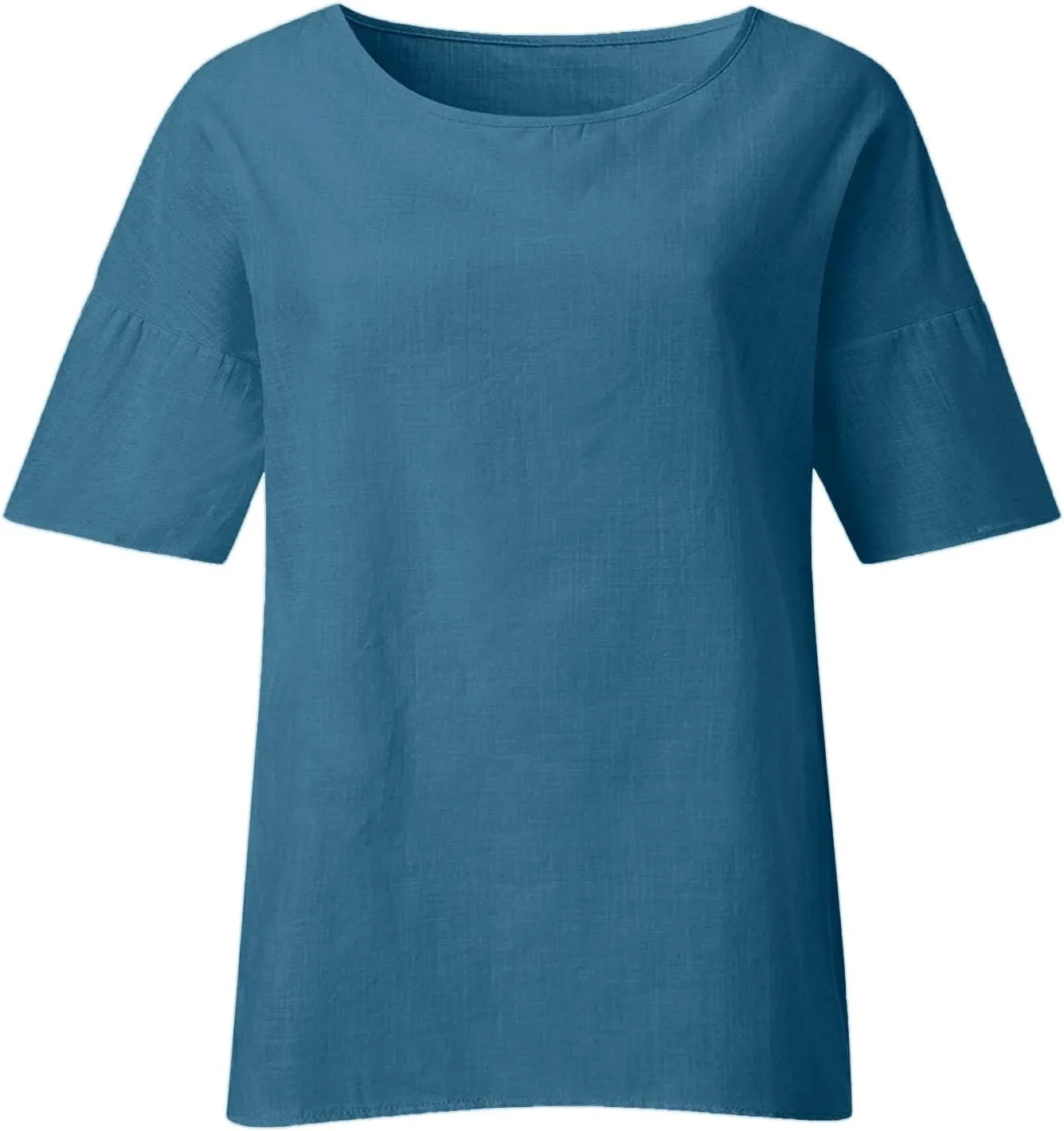 Womens Short Sleeve Linen Shirts Casual Round Neck Beach T-Shirt Plain Solid Loose Fit Summer Tshirts