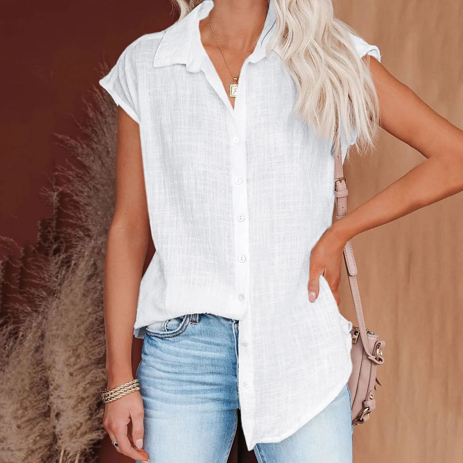 Womens Short Sleeve Linen Shirts Casual Round Neck Beach T-Shirt Plain Solid Loose Fit Summer Tshirts