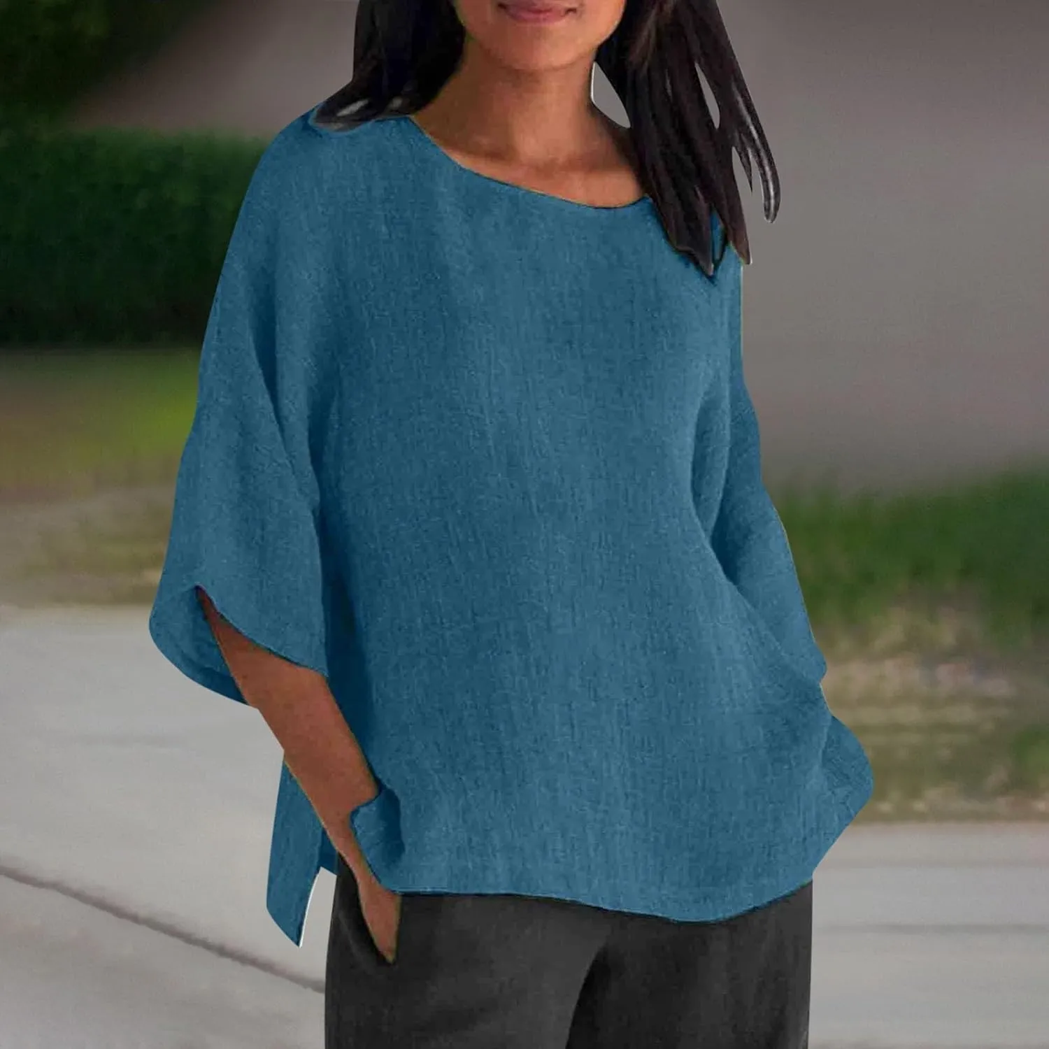 Womens Short Sleeve Linen Shirts Casual Round Neck Beach T-Shirt Plain Solid Loose Fit Summer Tshirts
