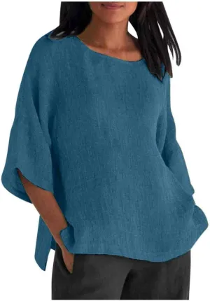 Womens Short Sleeve Linen Shirts Casual Round Neck Beach T-Shirt Plain Solid Loose Fit Summer Tshirts