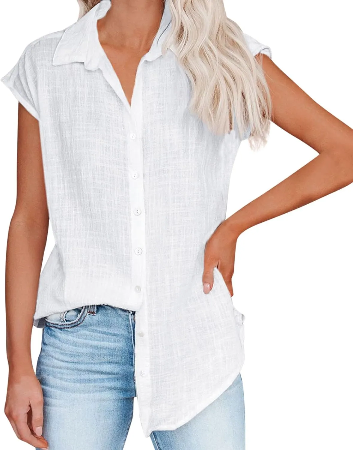 Womens Short Sleeve Linen Shirts Casual Round Neck Beach T-Shirt Plain Solid Loose Fit Summer Tshirts